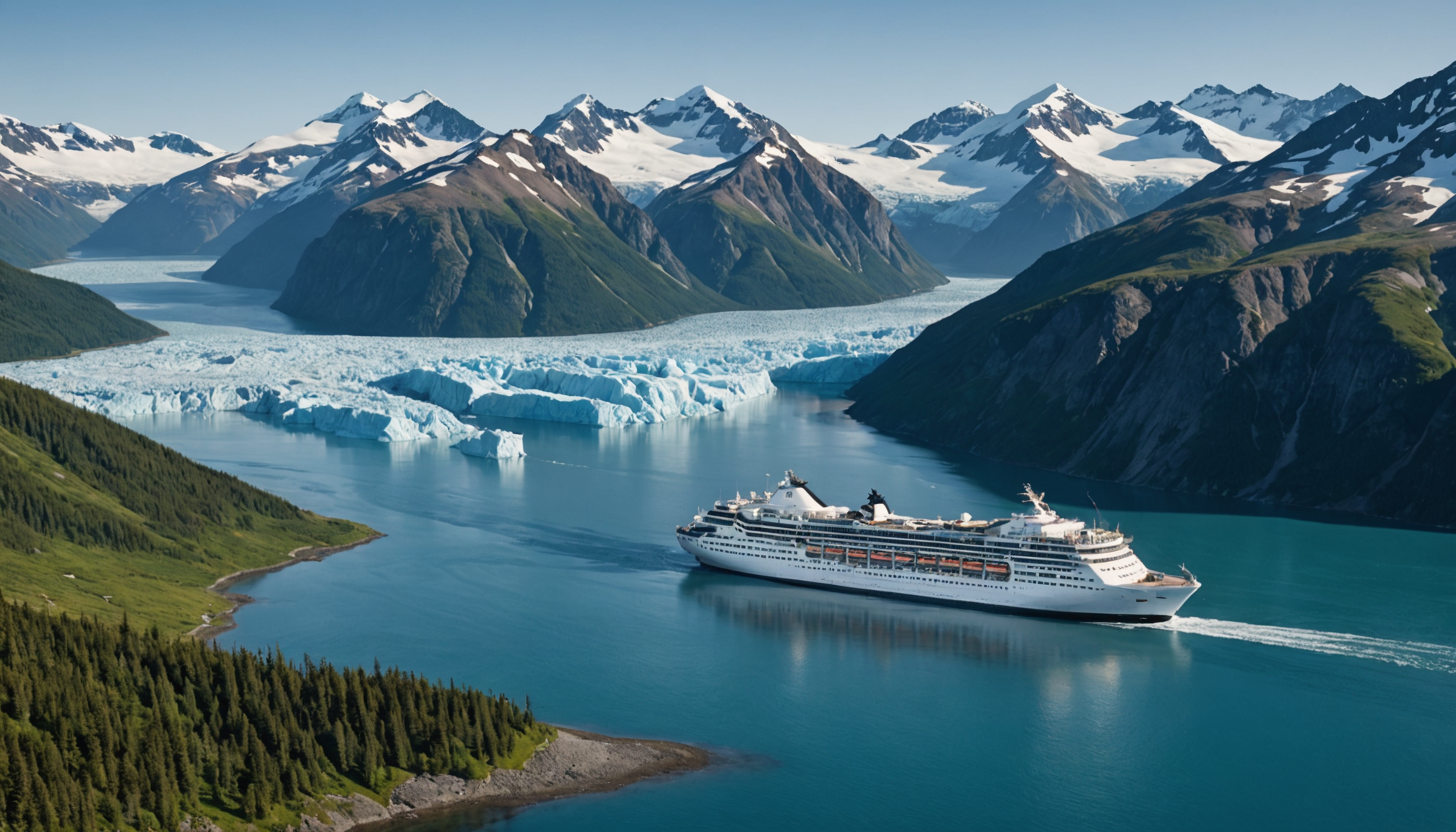 Aerial view of a cruise ship in Prince William Sound