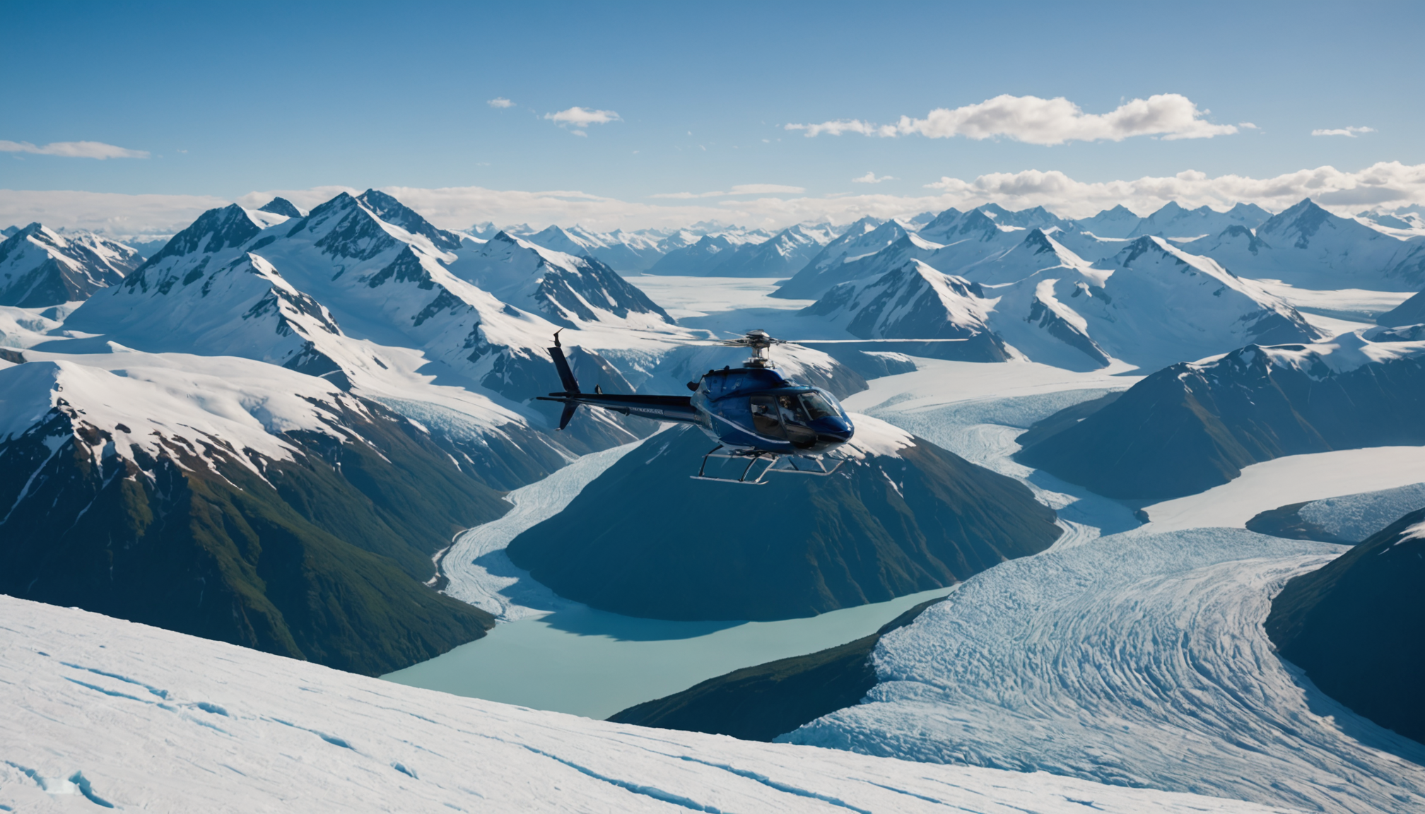 Helicopter flying over Knik Glacier
