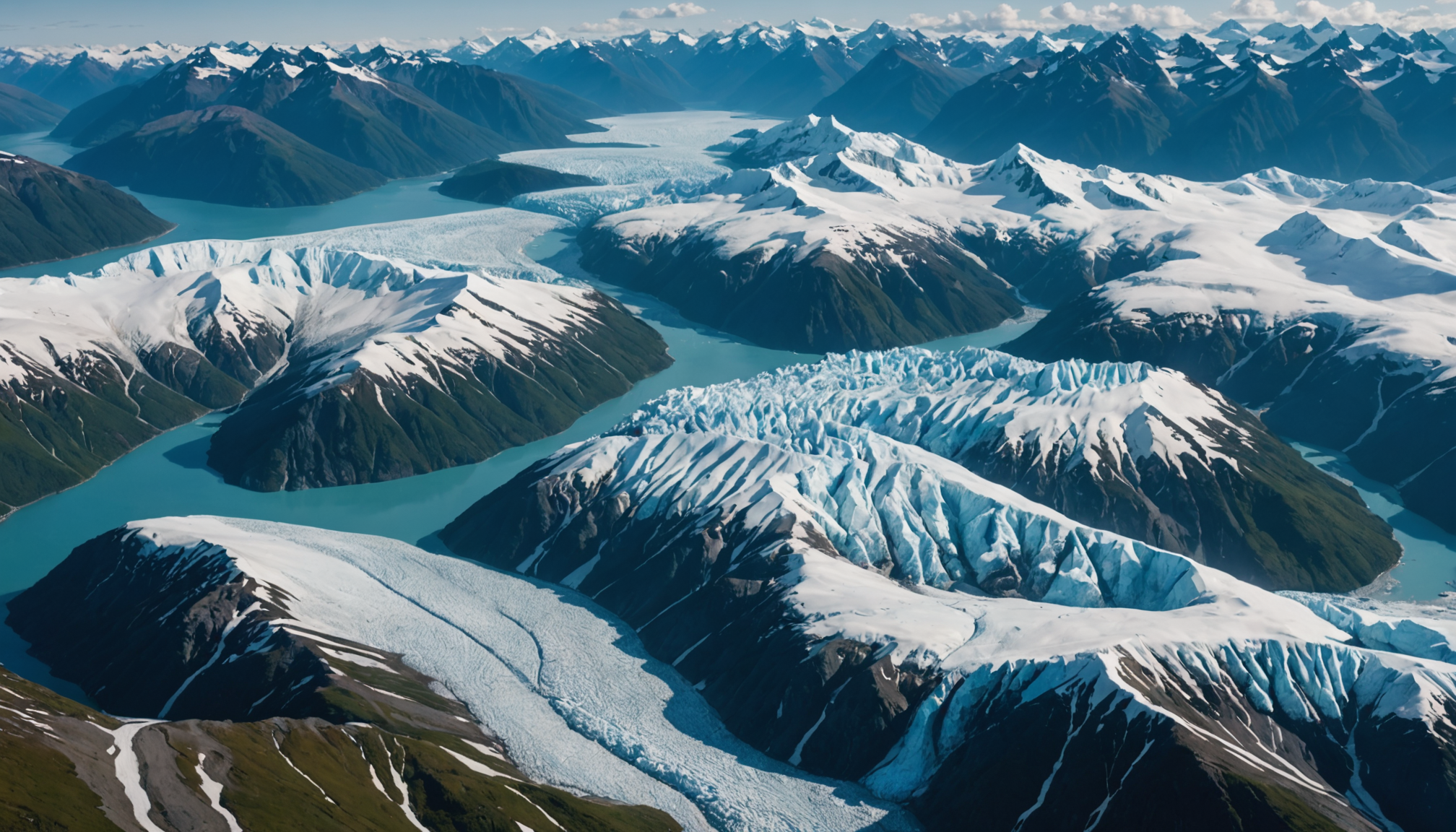 Aerial view of Knik Glacier with a small luxury cruise ship in the background