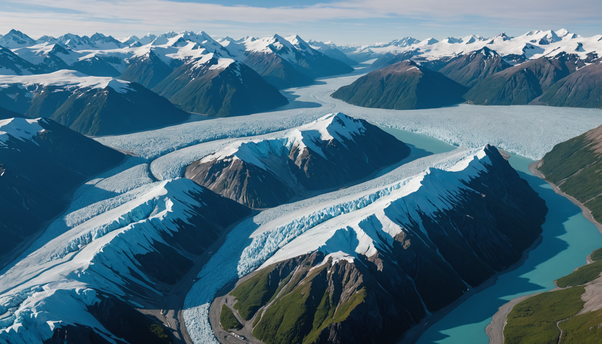 Aerial view of Knik Glacier with a cruise ship in the background