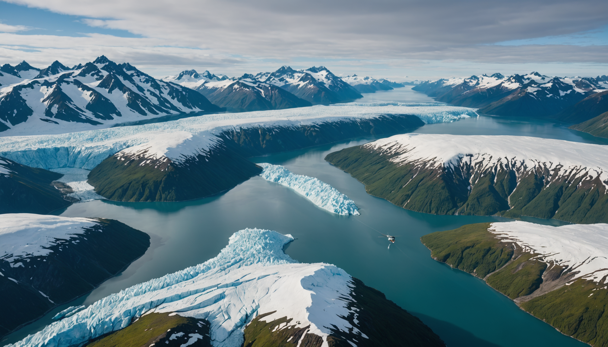 Aerial view of the Inside Passage with glaciers and mountains
