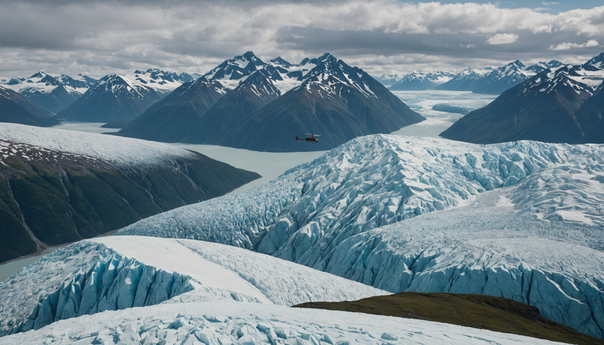 Helicopter flying over Knik Glacier