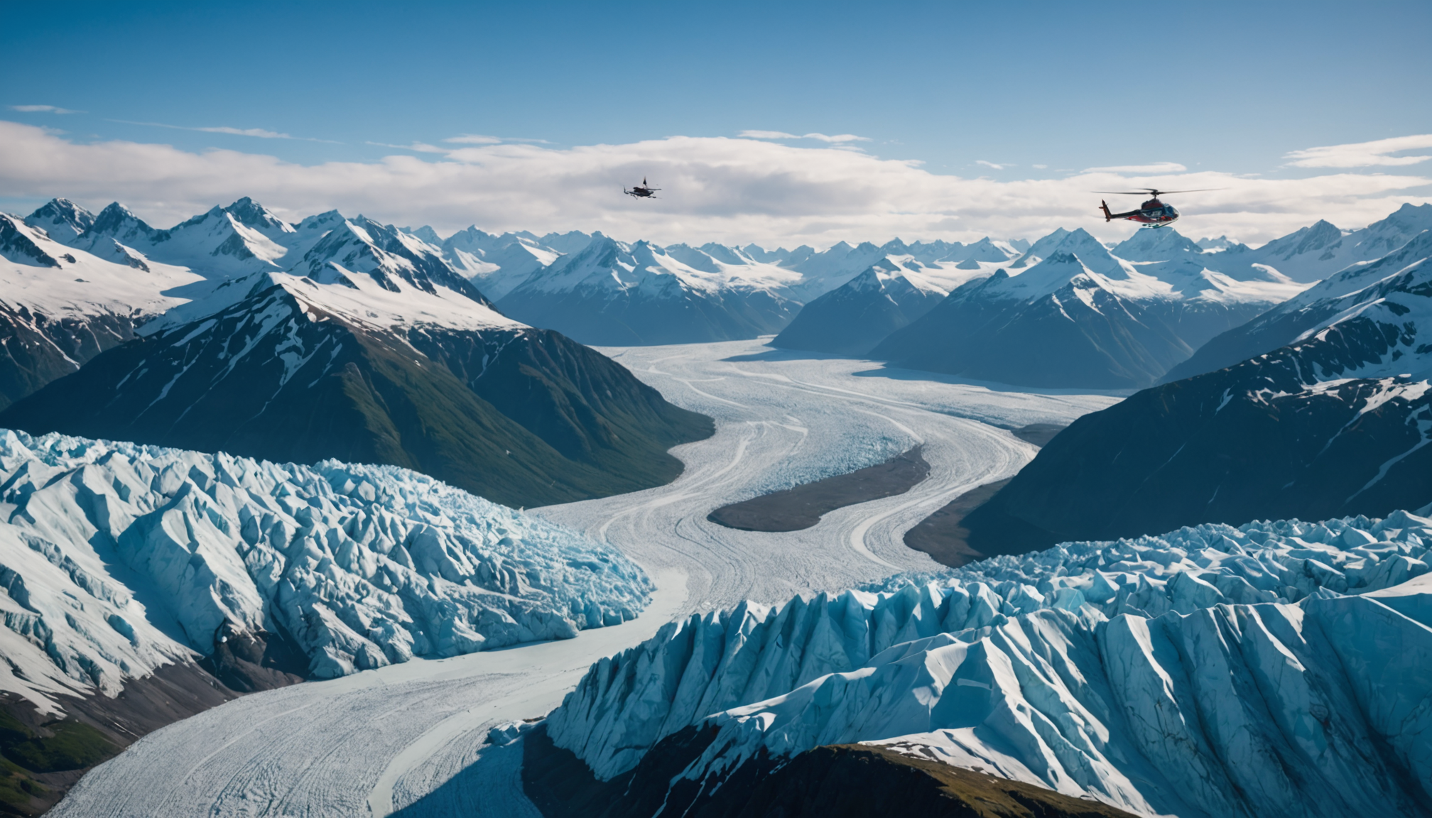 Helicopter flying over Knik Glacier