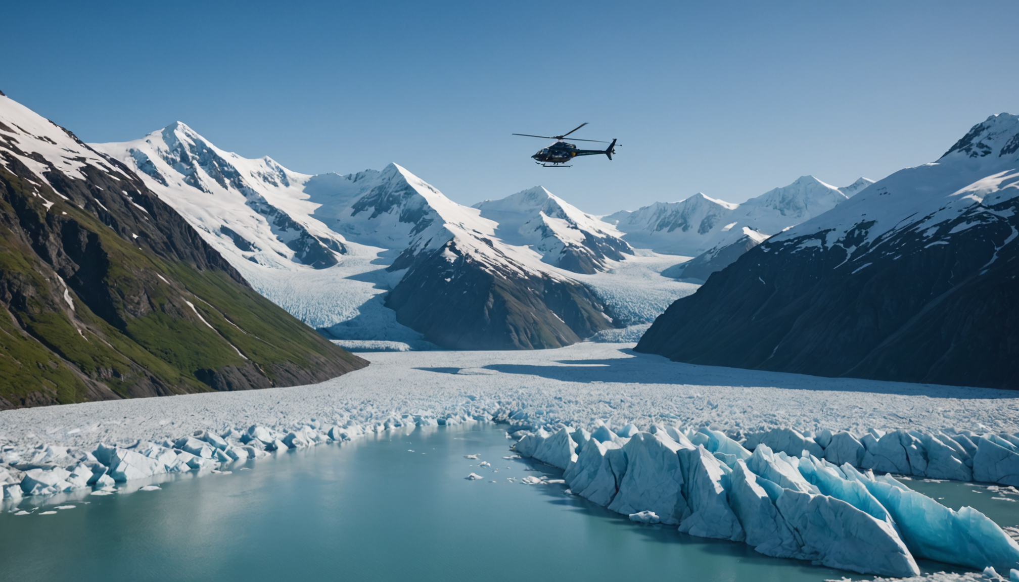 Helicopter flying over the Knik Glacier