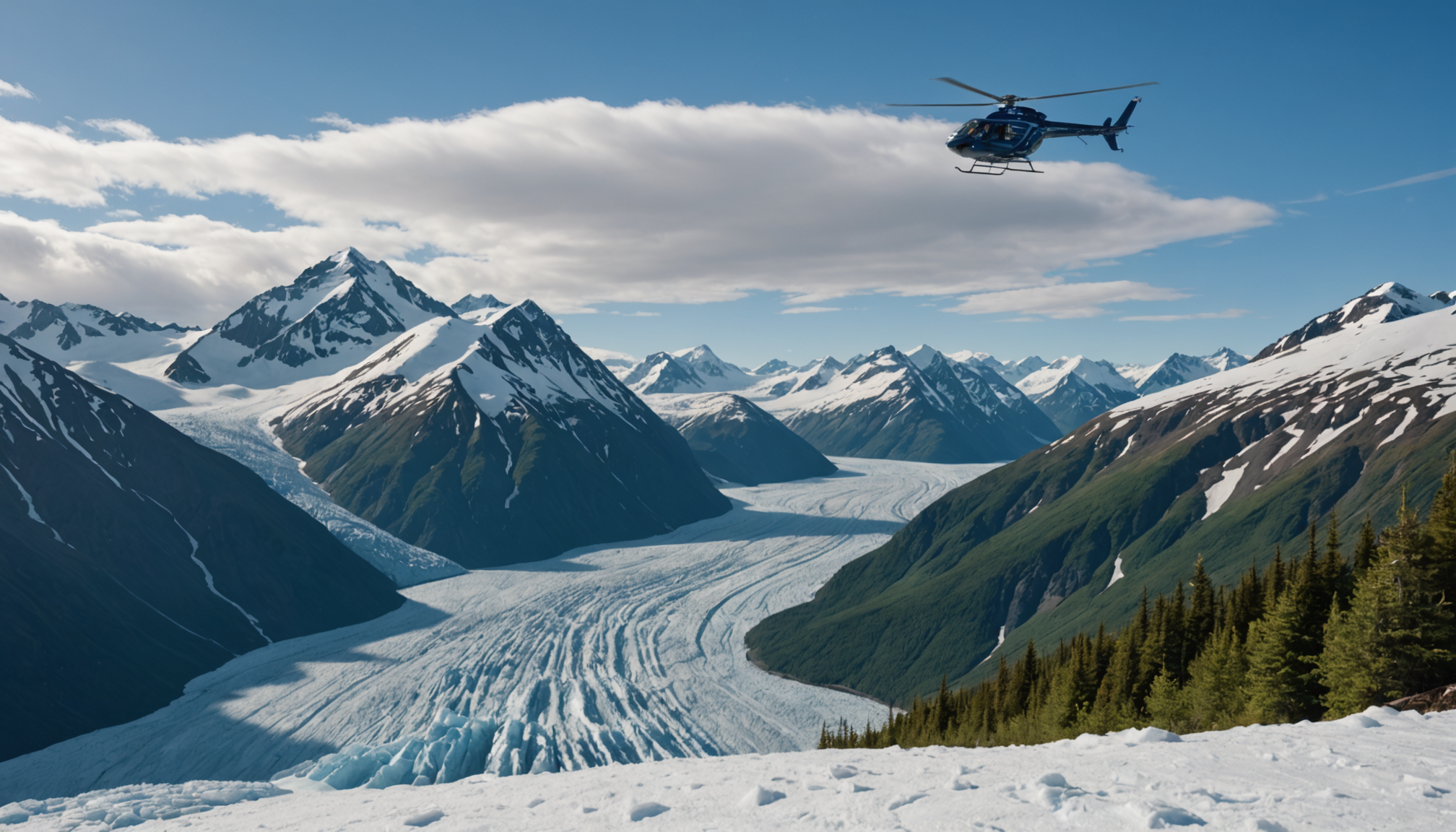 A helicopter hovering near the Knik Glacier