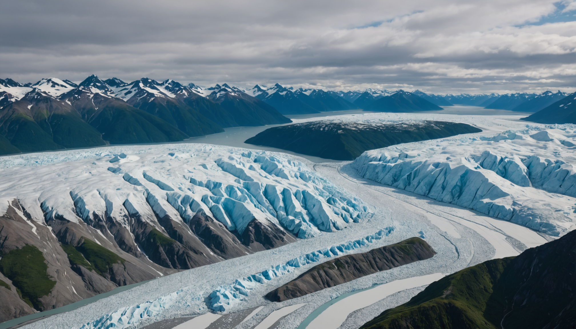Aerial view of Knik Glacier with a helicopter in the foreground