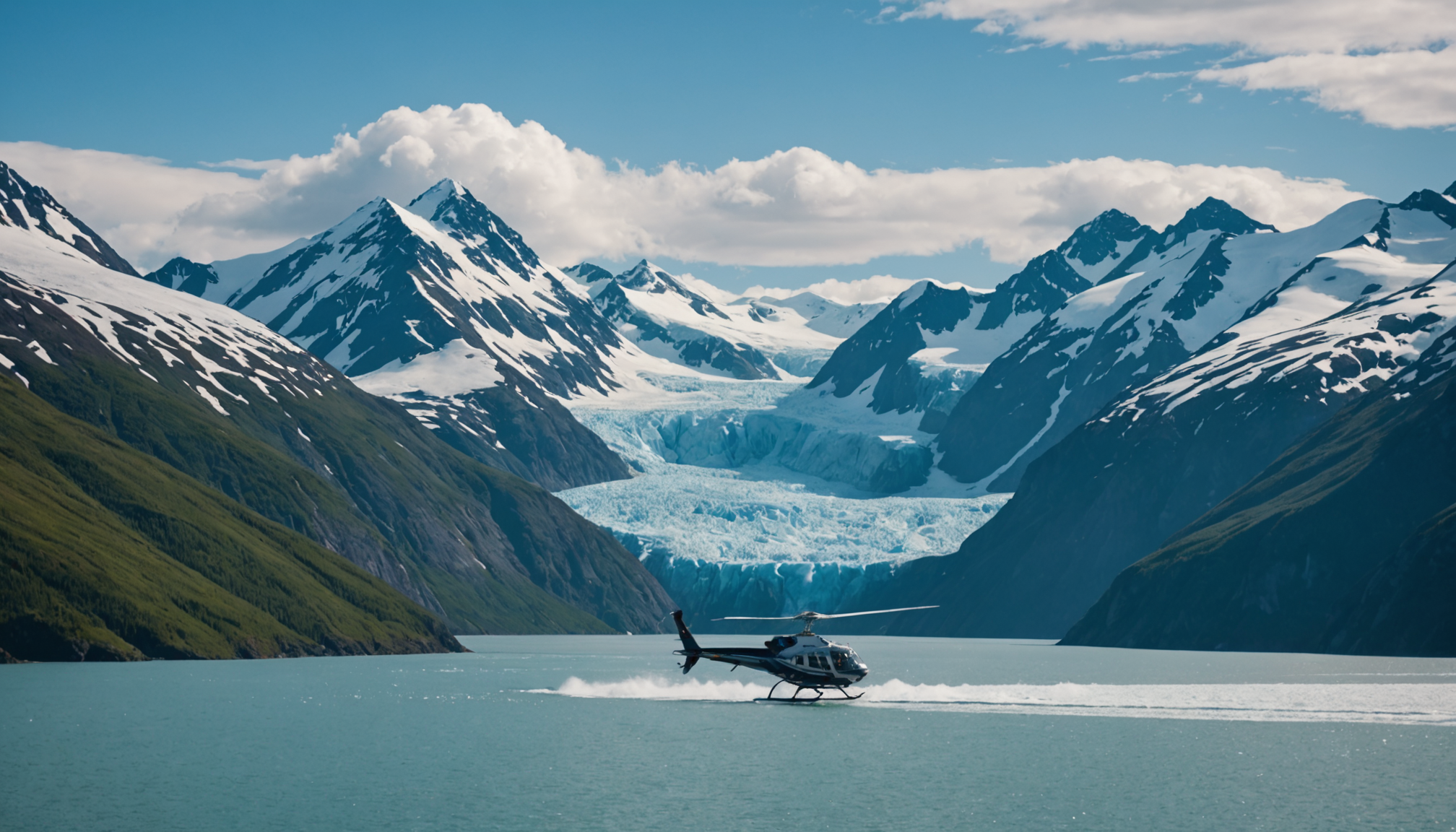 A small ship cruising through Prince William Sound