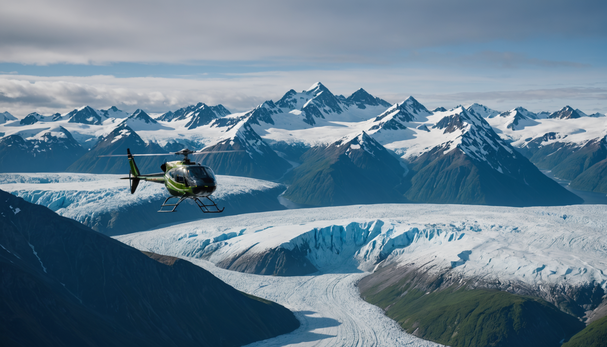 Helicopter flying over Knik Glacier in Alaska