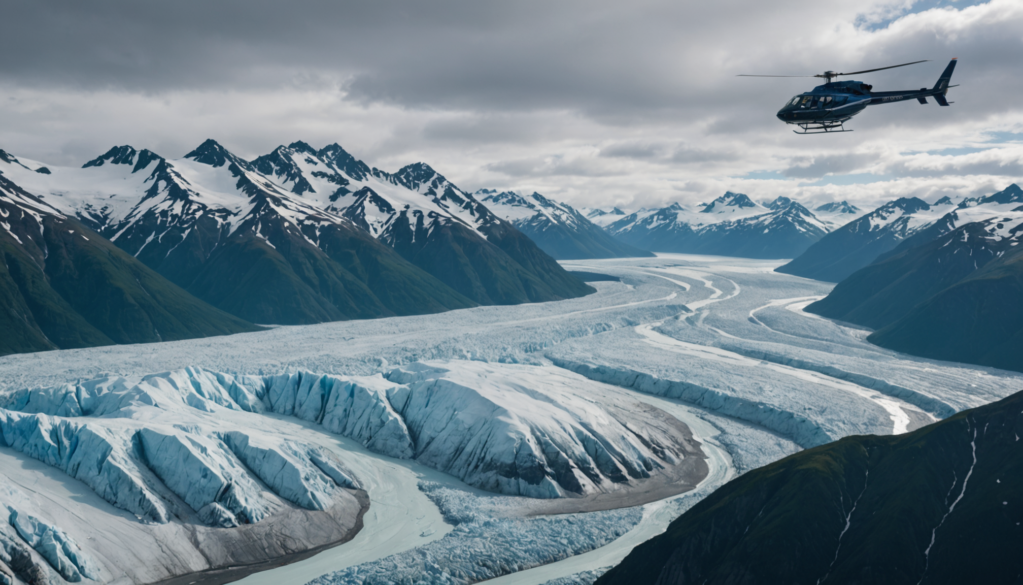 Helicopter flying over Knik Glacier