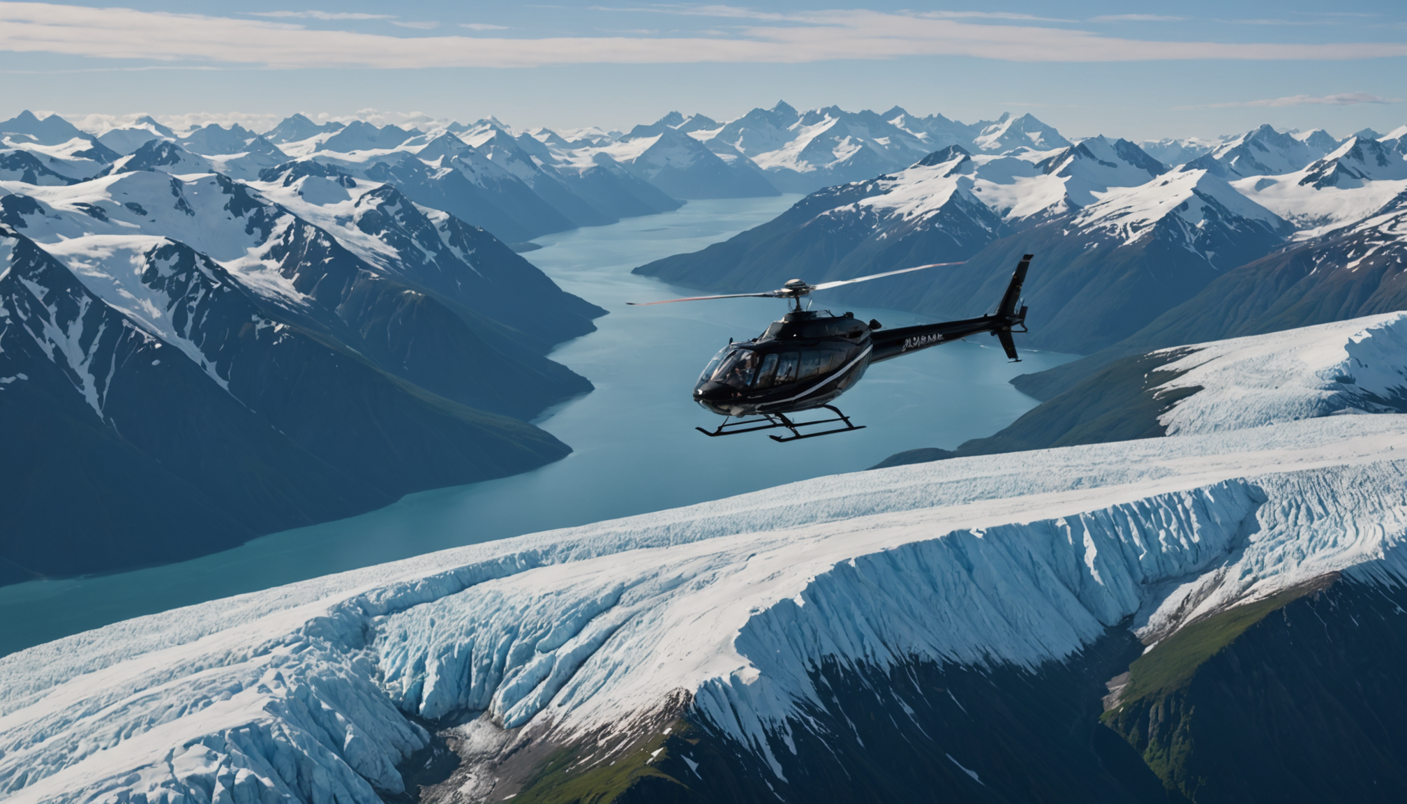 A helicopter soaring over the Knik Glacier with the Chugach Mountains in the background