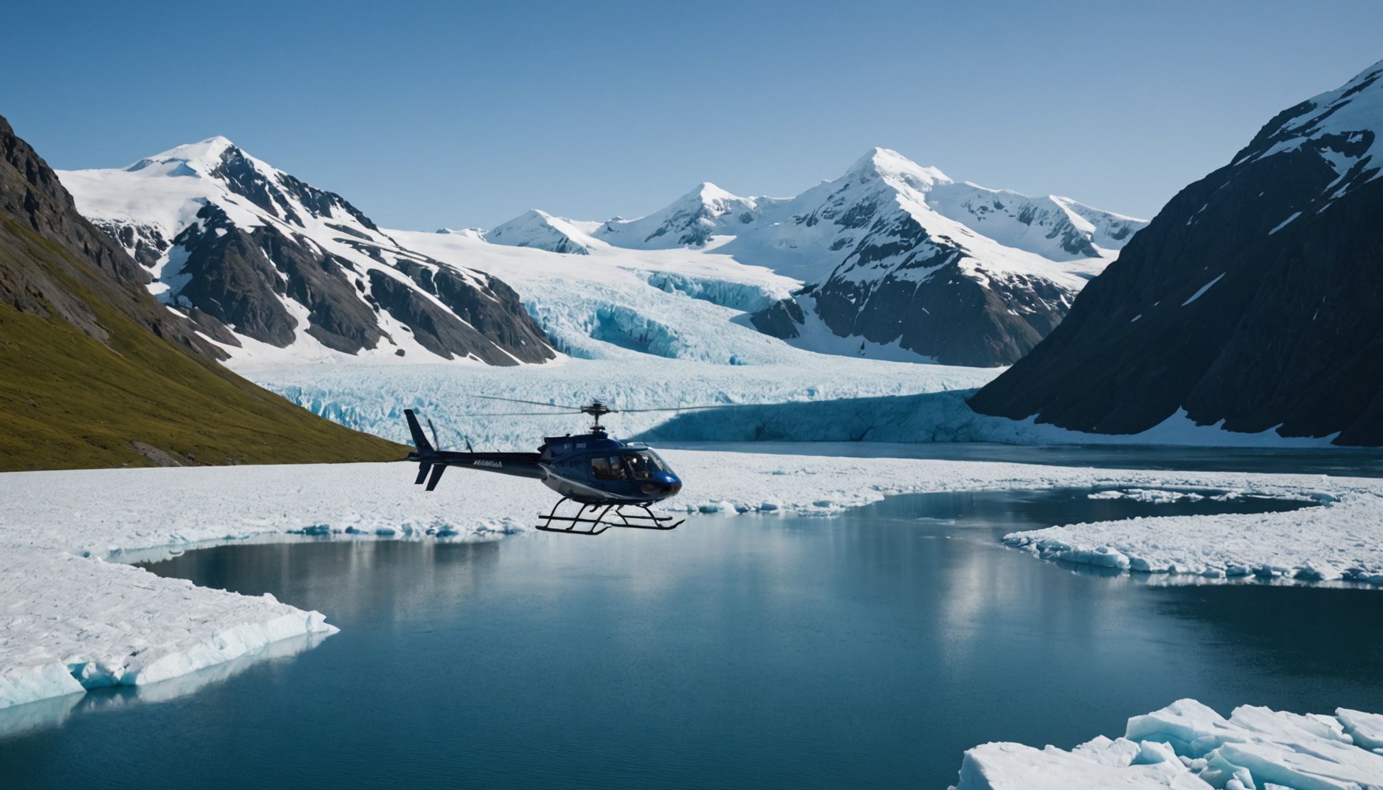 Helicopter landing near a glacier
