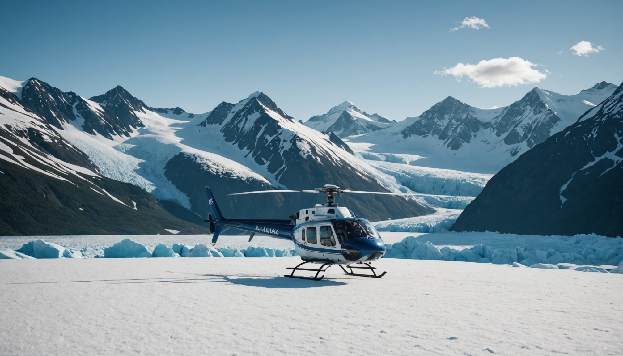 Helicopter landing in the snow-capped mountains of the Chugach Range