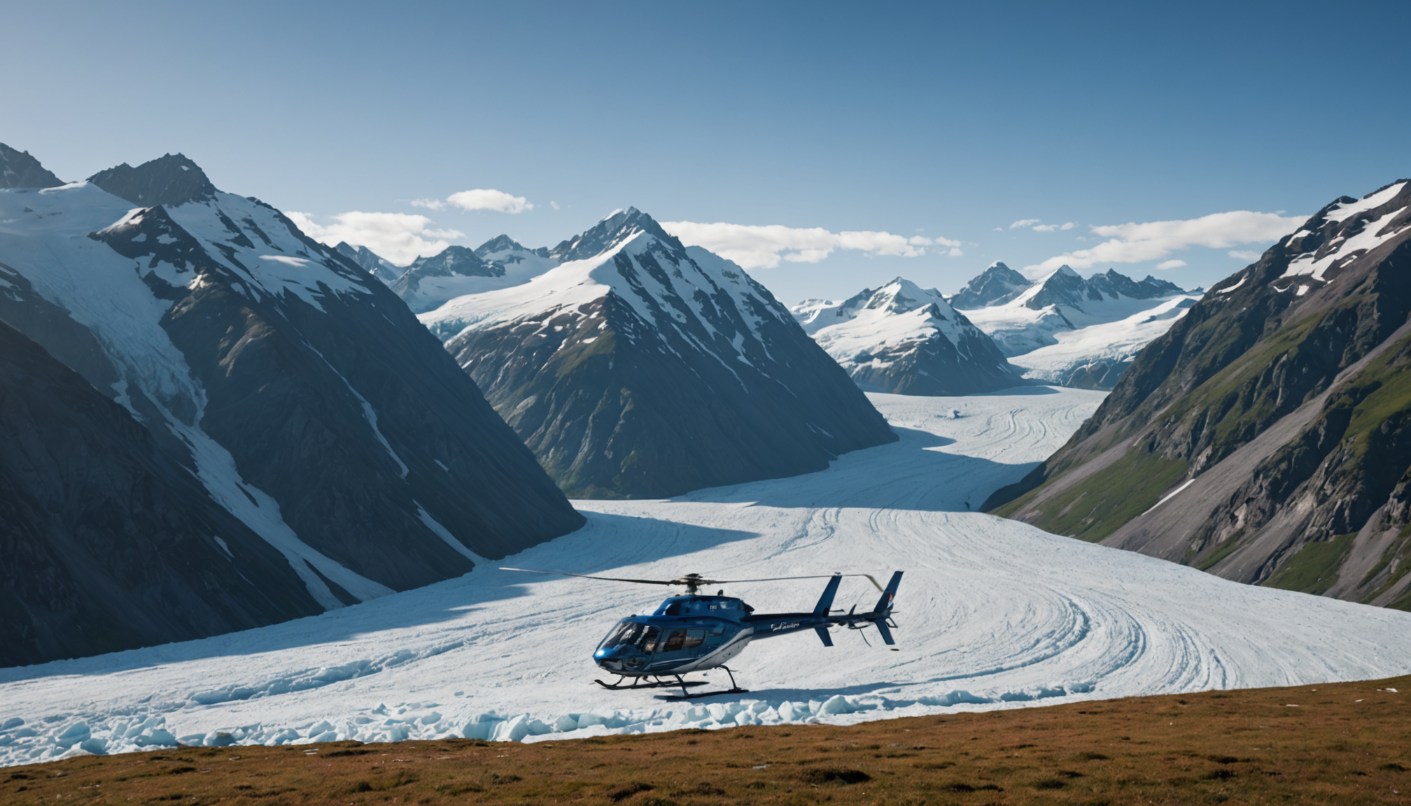 Helicopter landing on a snowy peak in the Chugach Mountains