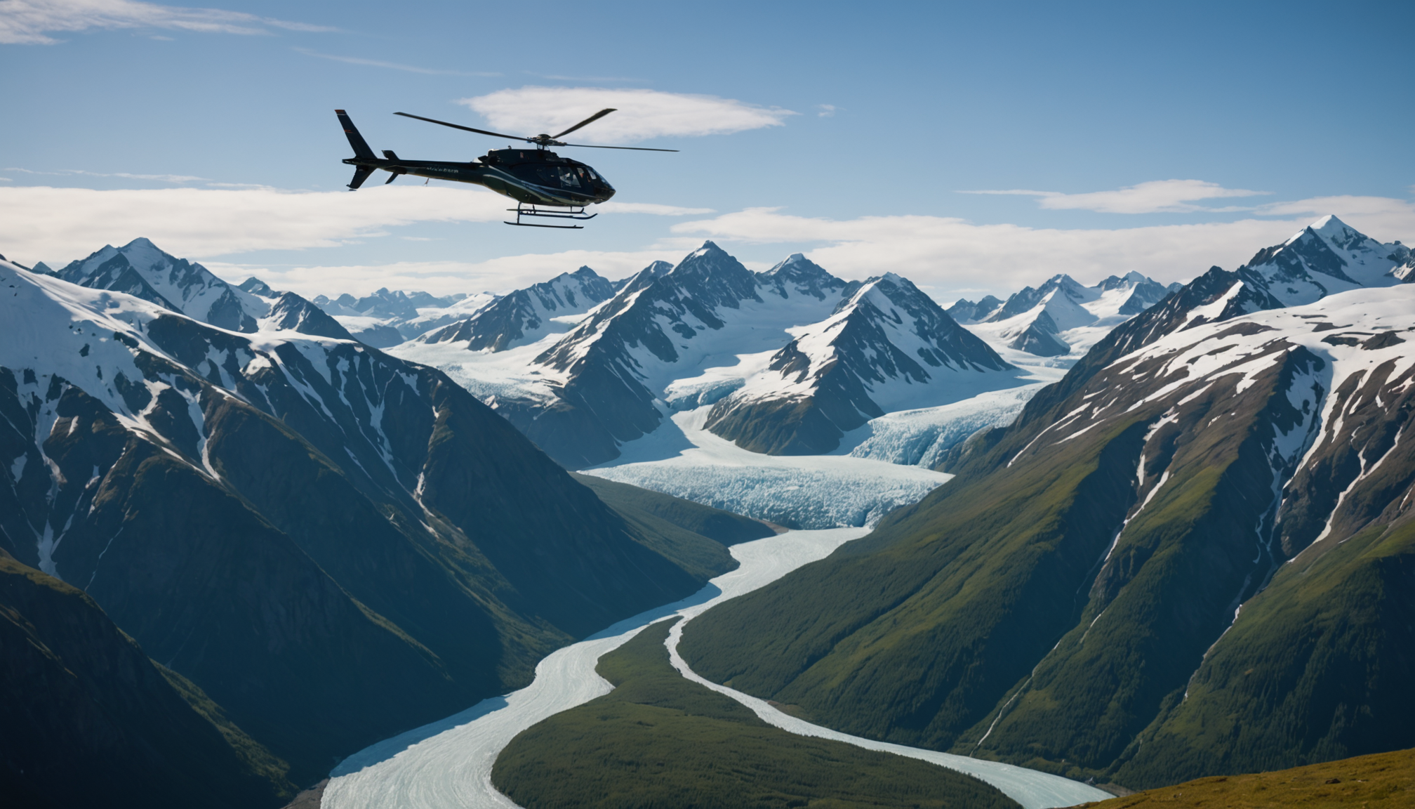 Helicopter hovering over Chugach Mountains