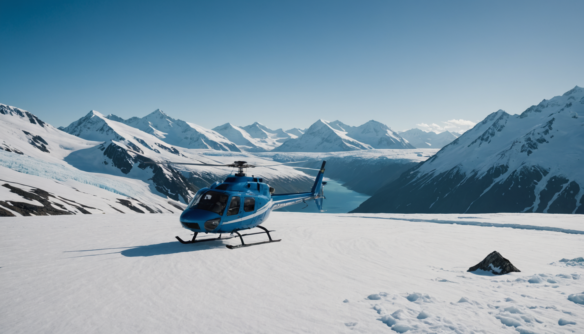 Helicopter landing on a snow-covered mountain in Alaska