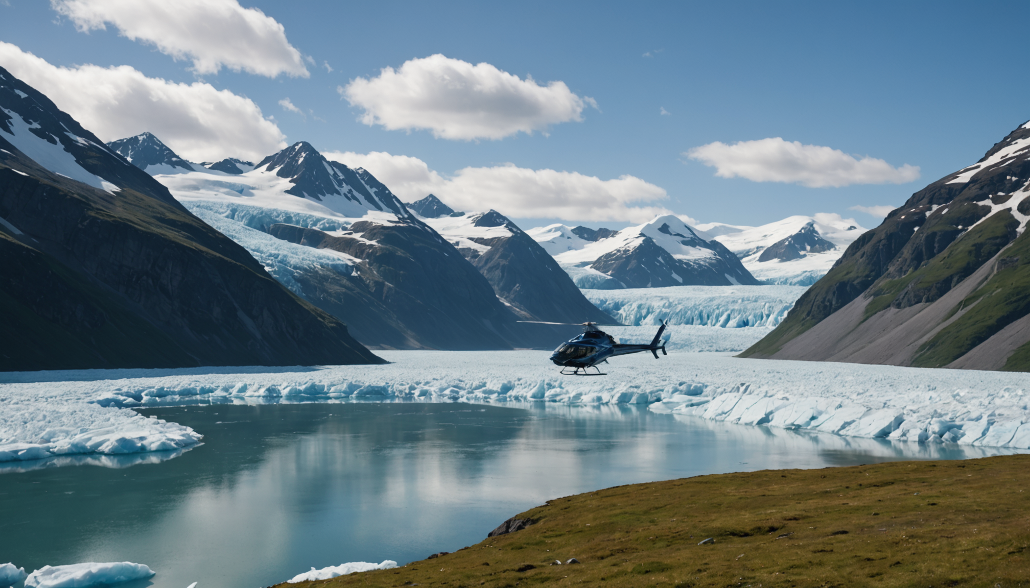 Helicopter landing near a glacier