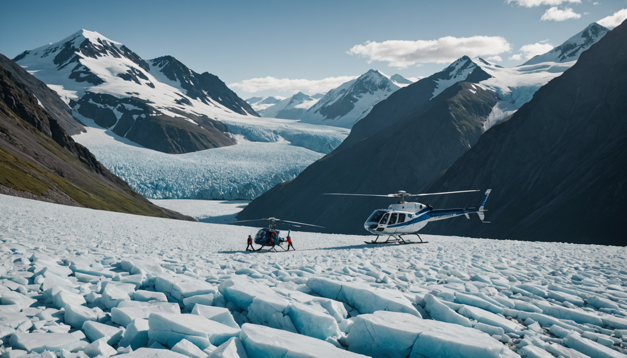 Helicopter landing on a glacier with hikers disembarking
