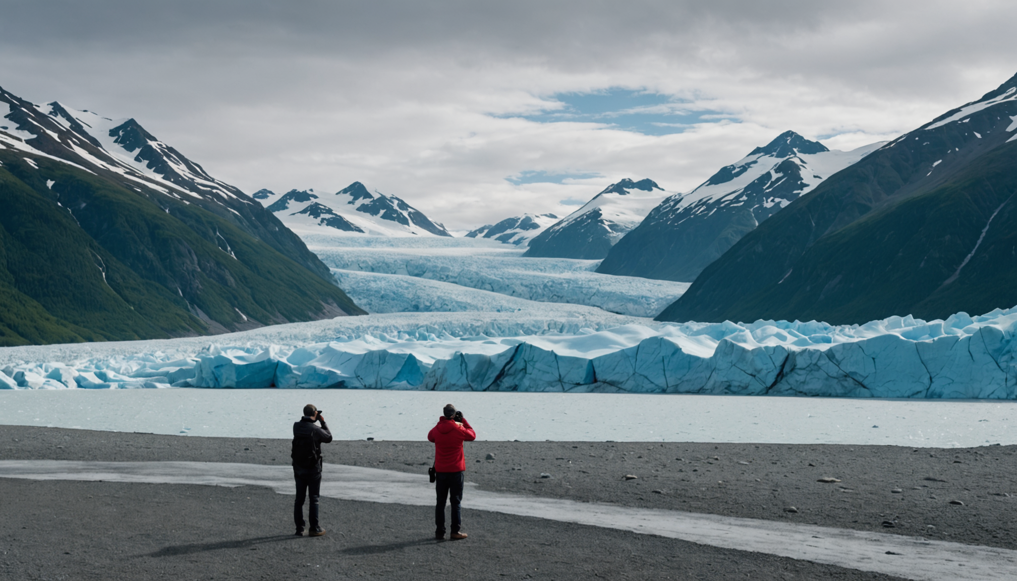 Tourists photographing Mendenhall Glacier from a helicopter