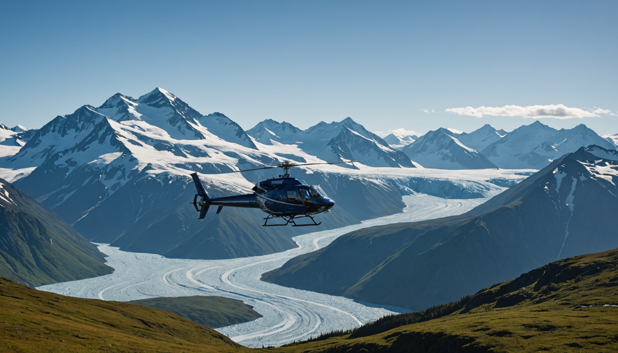 Helicopter flying over Chugach Mountains