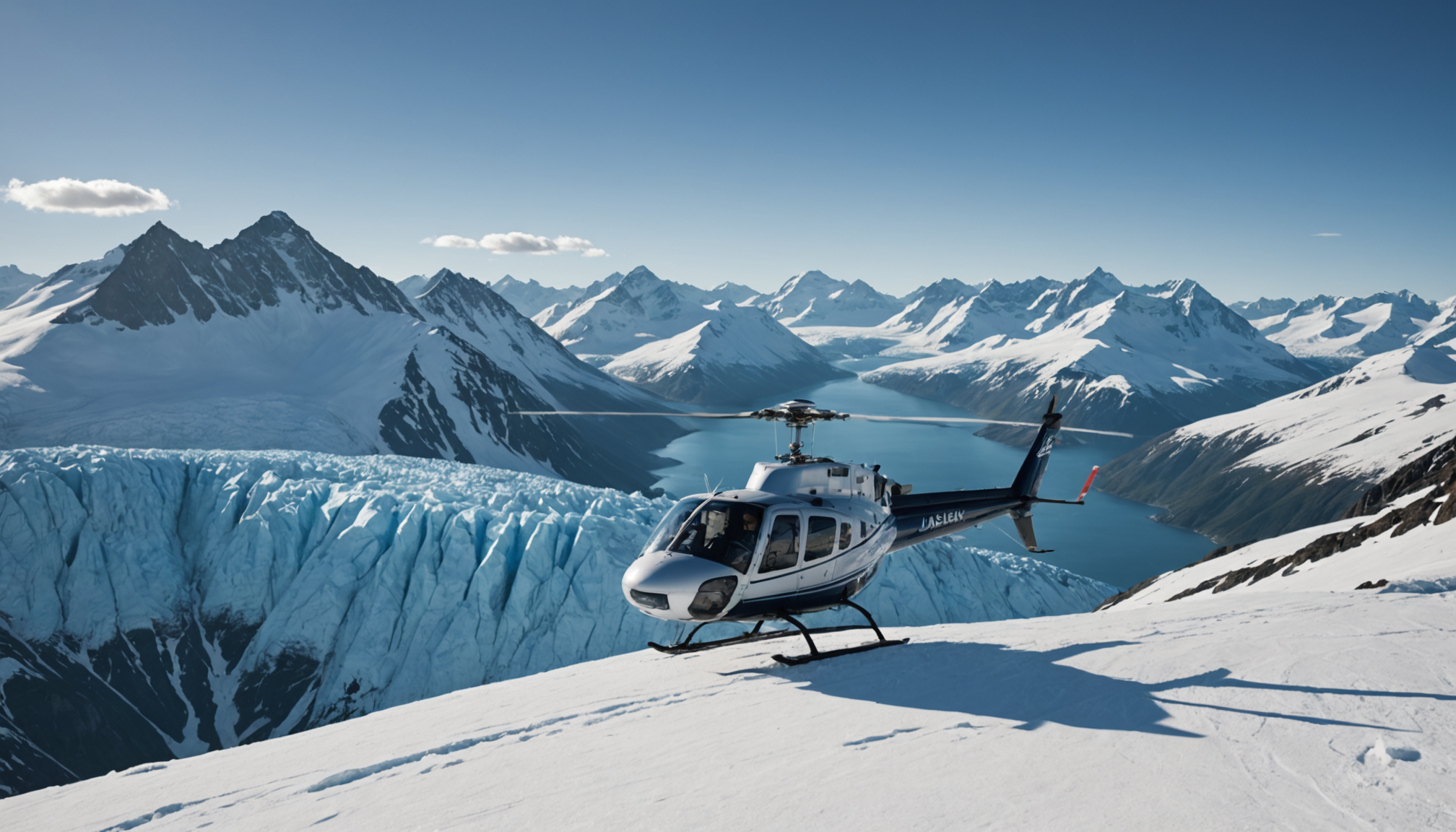 Helicopter landing on a snowy peak in Chugach Mountains