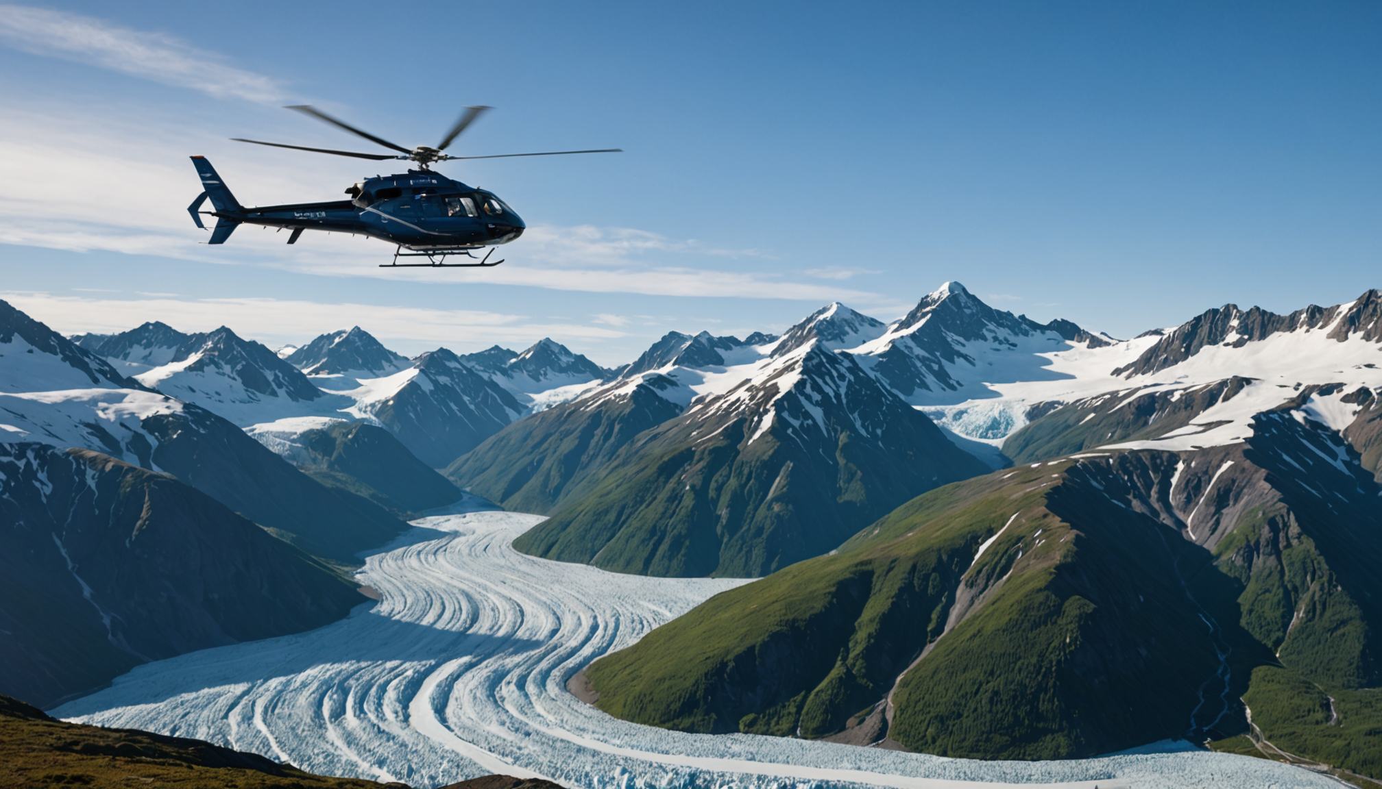 Helicopter flying over Chugach Mountains