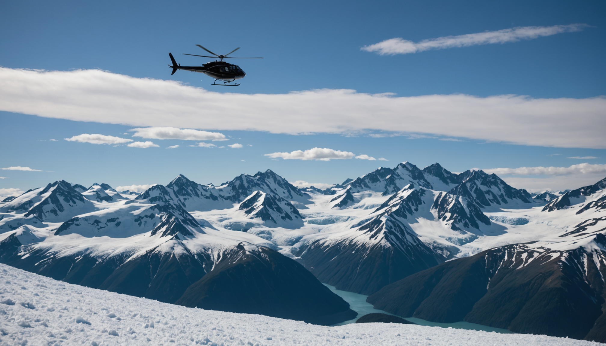 Helicopter flying over Talkeetna Mountains