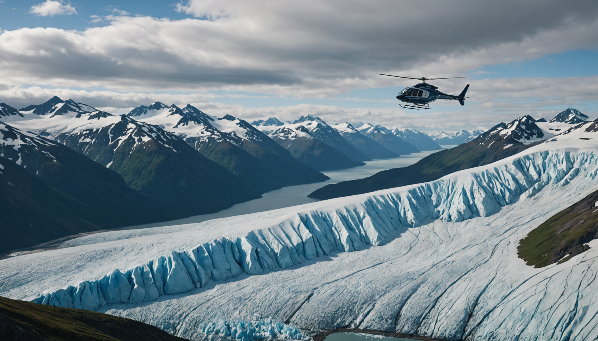 Helicopter flying over Alaskan wilderness
