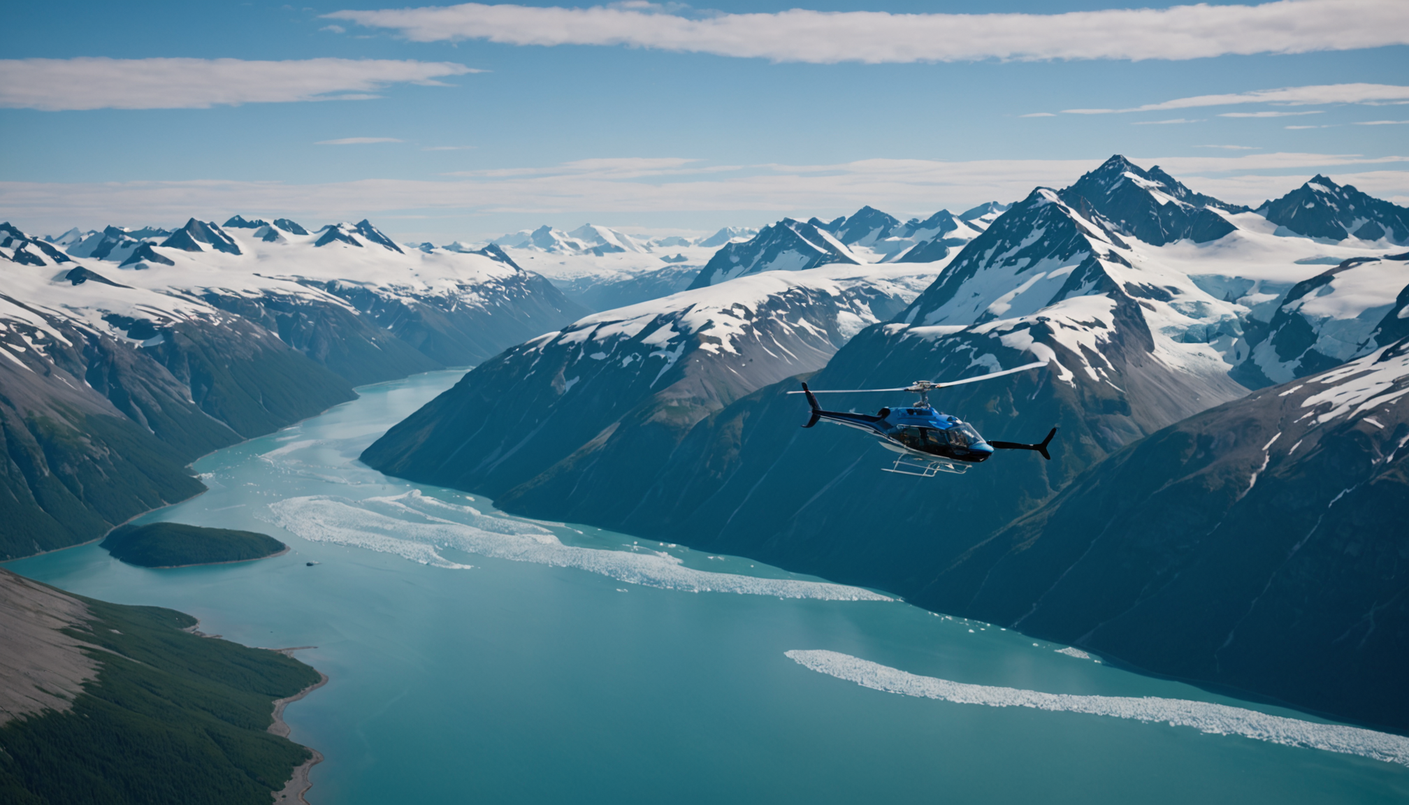 Aerial view of a helicopter over Prince William Sound