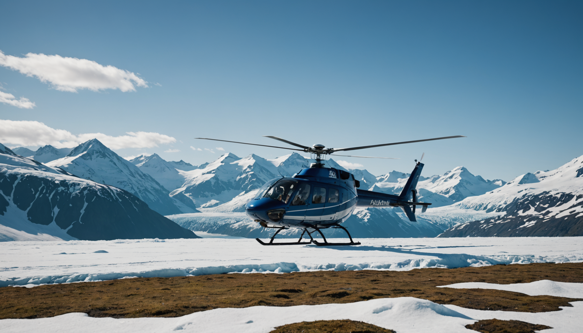 Helicopter landing on a snowy peak in the Chugach Mountains