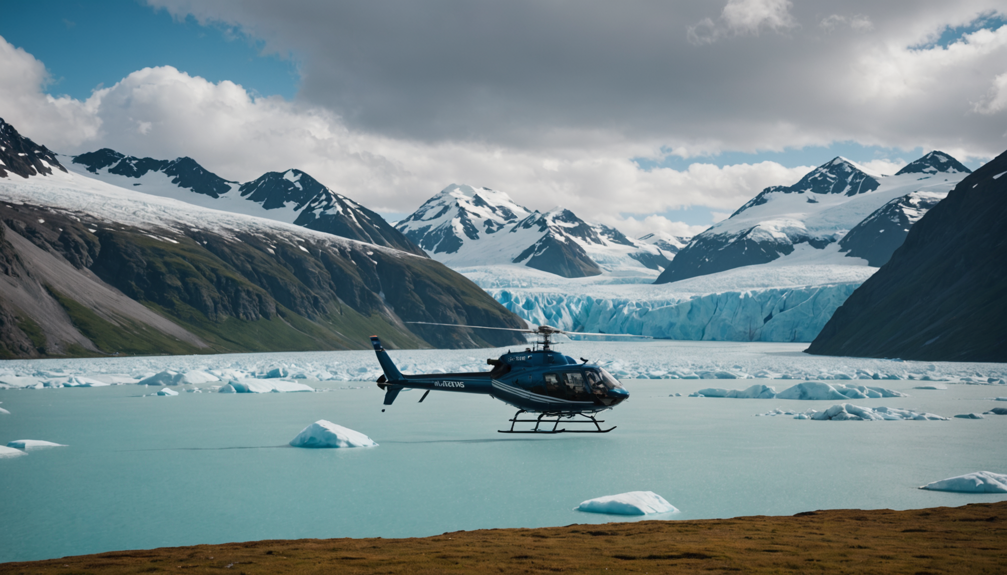 Helicopter landing near a turquoise glacial lake
