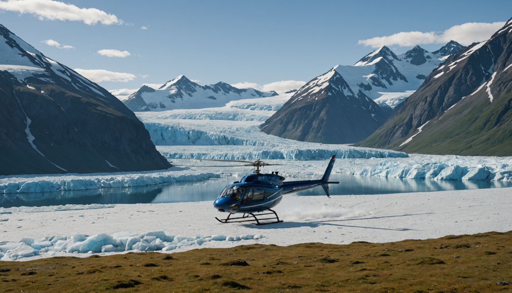 Helicopter landing near a remote Alaskan glacier