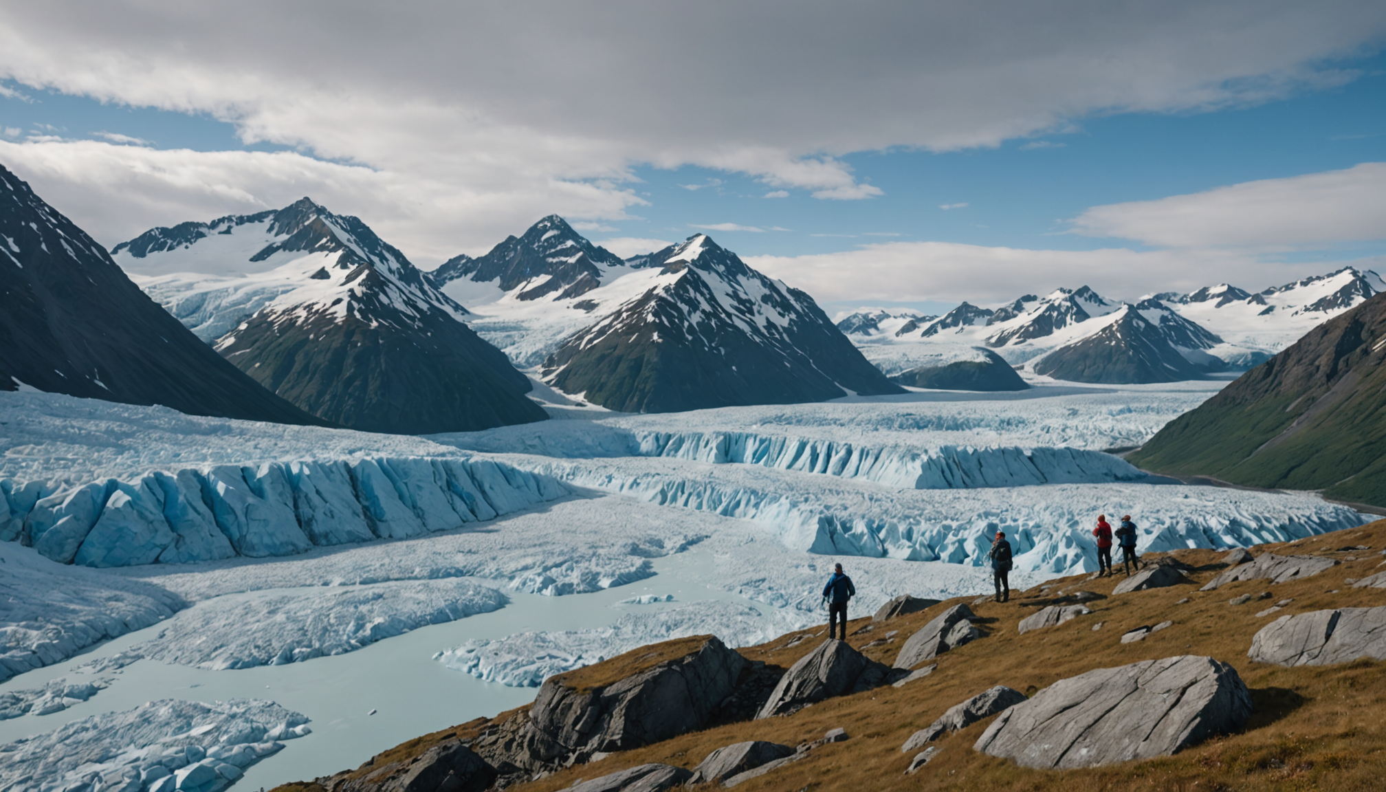 Tourists photographing the Chugach Mountains from a helicopter.