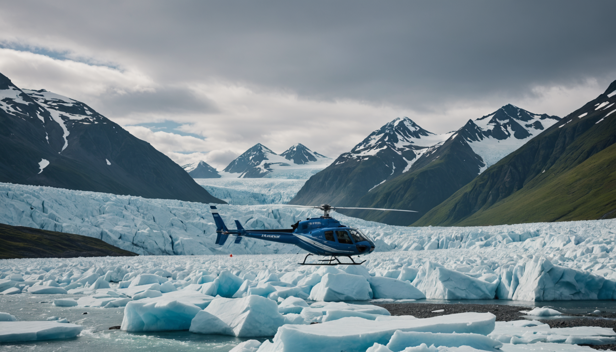 Helicopter landing on a glacier in Alaska