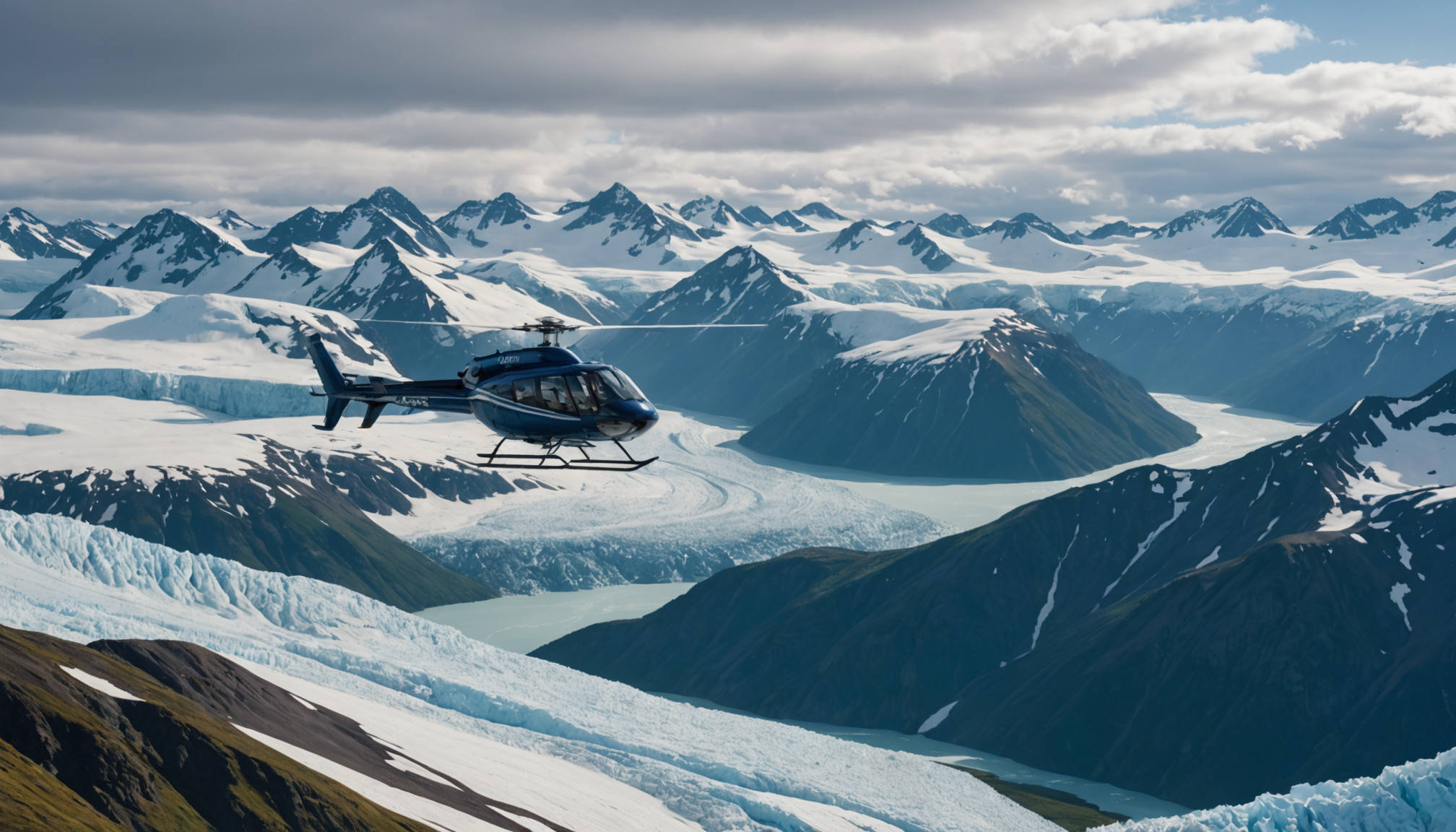 Helicopter flying over Alaskan tundra with mountains in the background