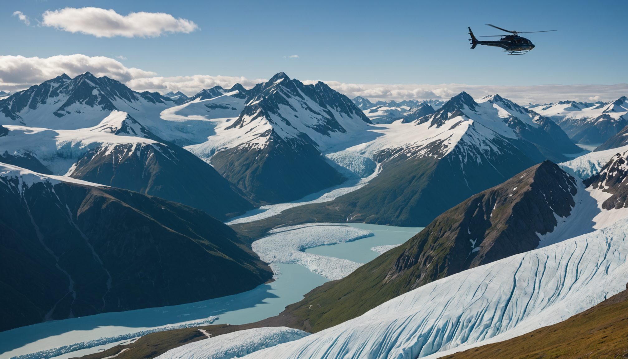 Helicopter flying over Chugach Mountains