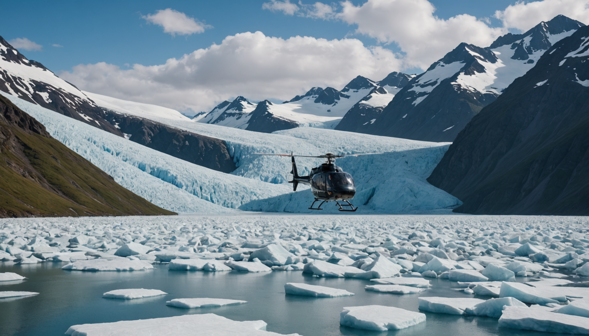 Helicopter landing on a glacier in Alaska
