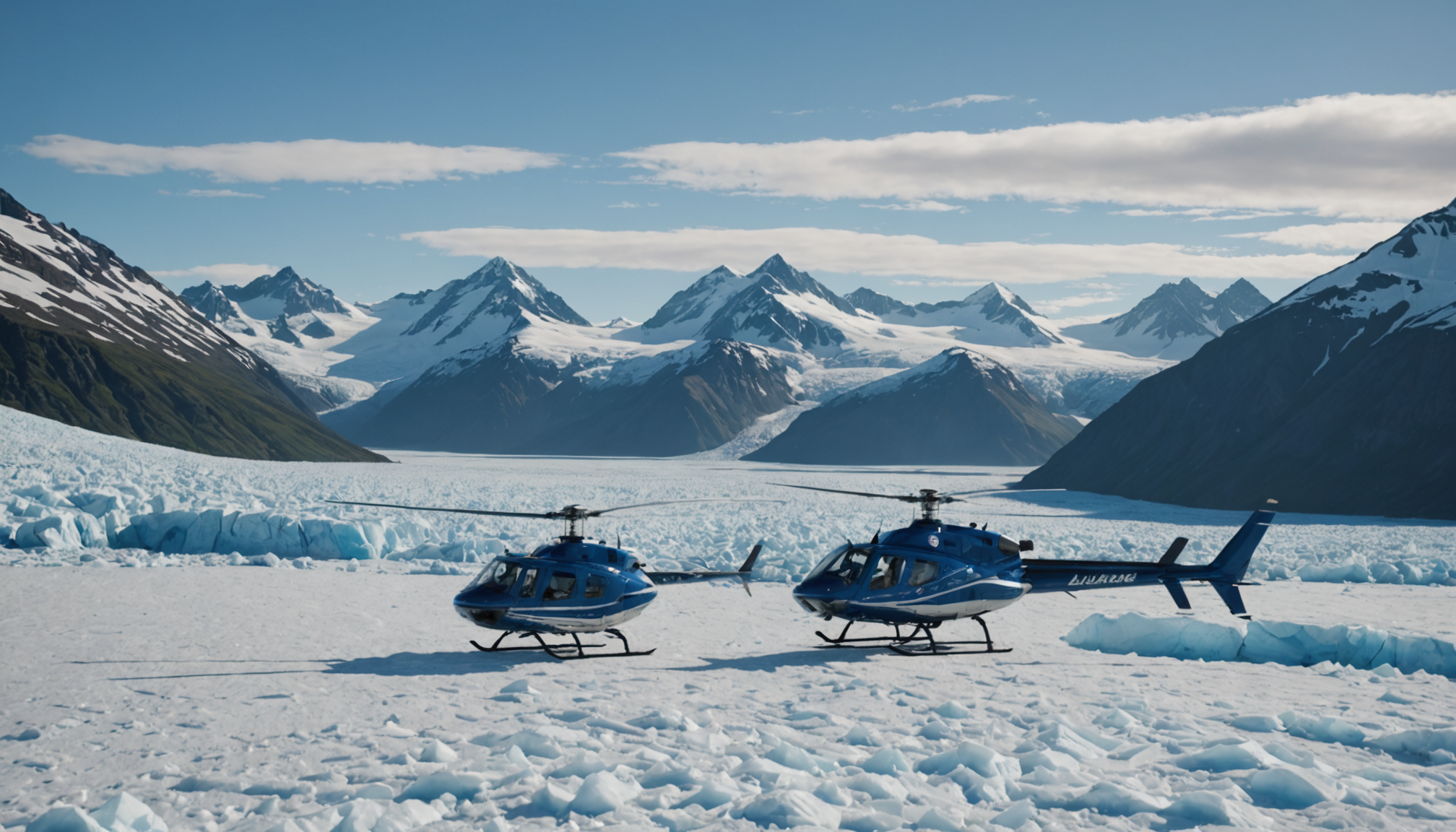 Helicopter landing on a pristine Alaskan glacier