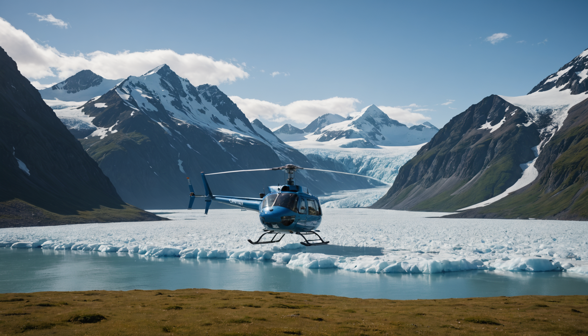 Helicopter landing near a glacier