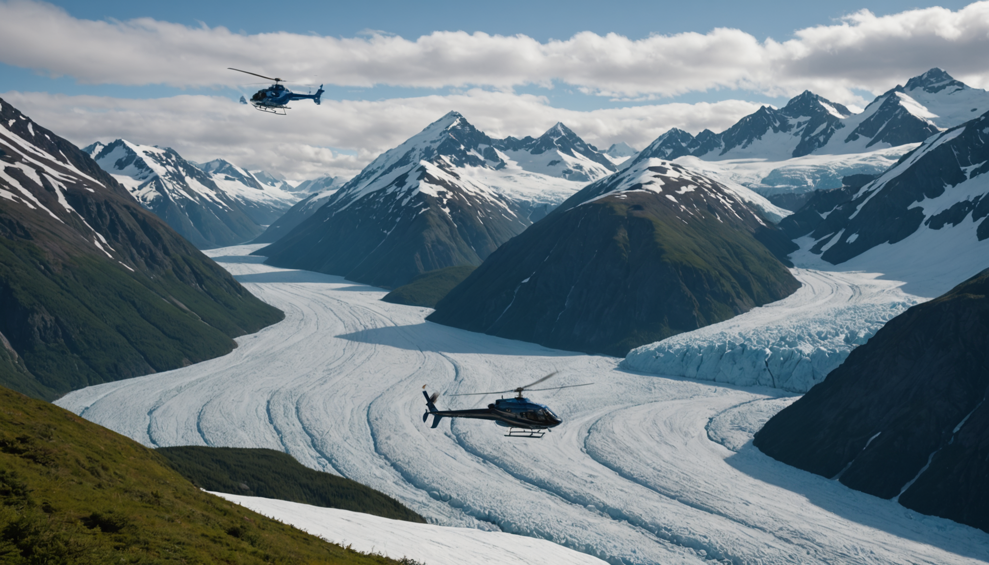 Helicopter hovering over the Chugach Mountains