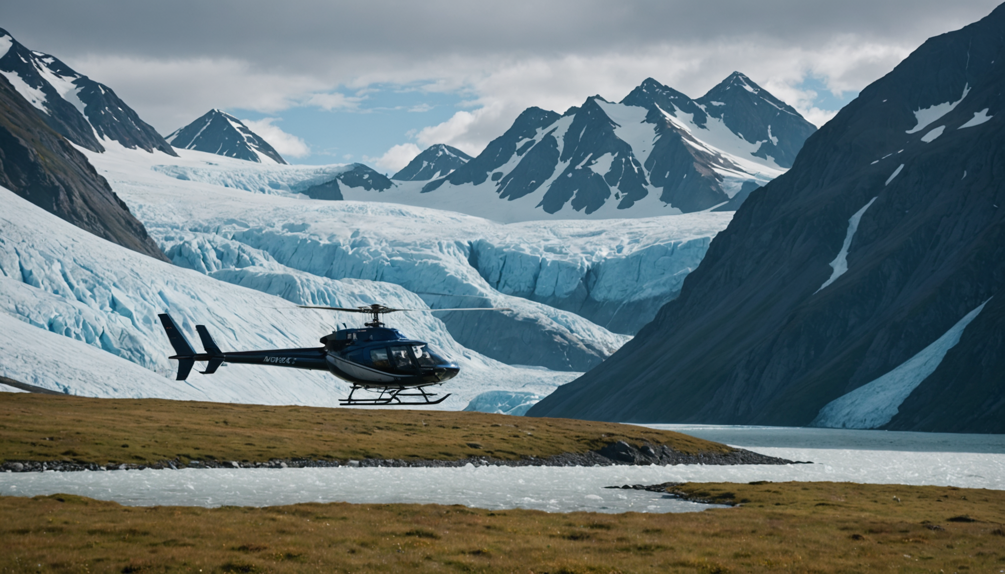 Helicopter landing near a glacier