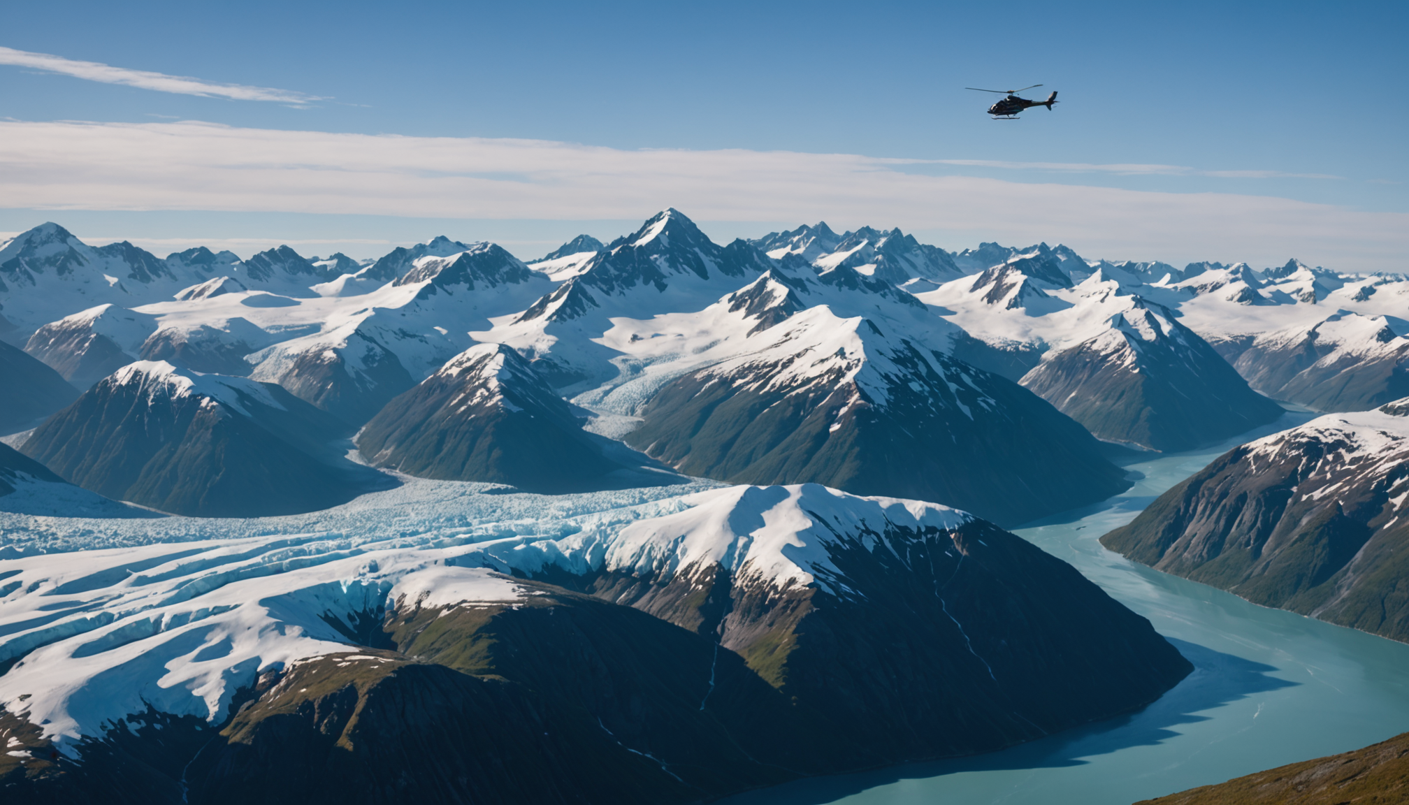 Helicopter flying over Chugach Mountains