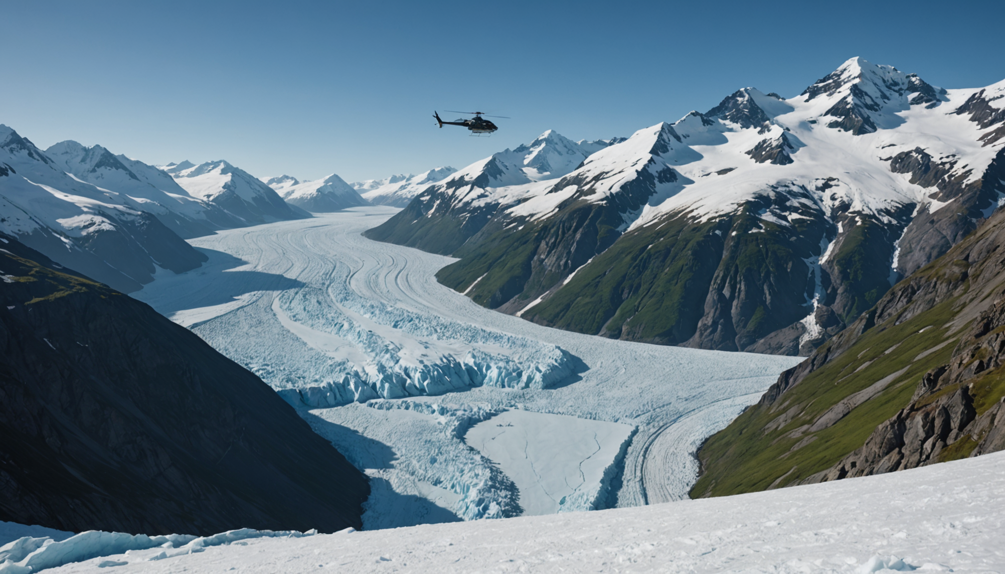 Helicopter landing on a glacier in the Chugach Mountains