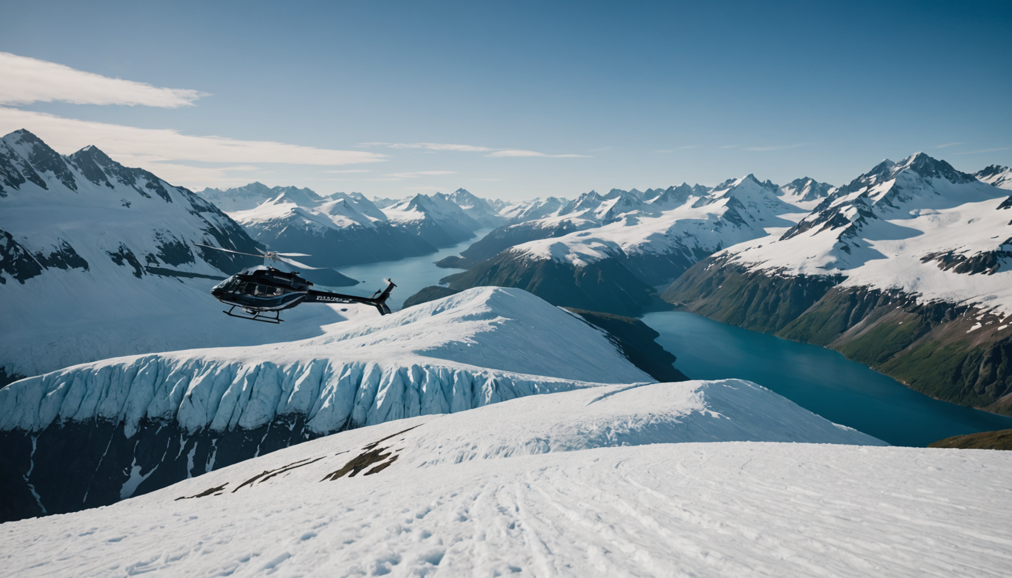 Helicopter landing on a snowy Alaskan peak