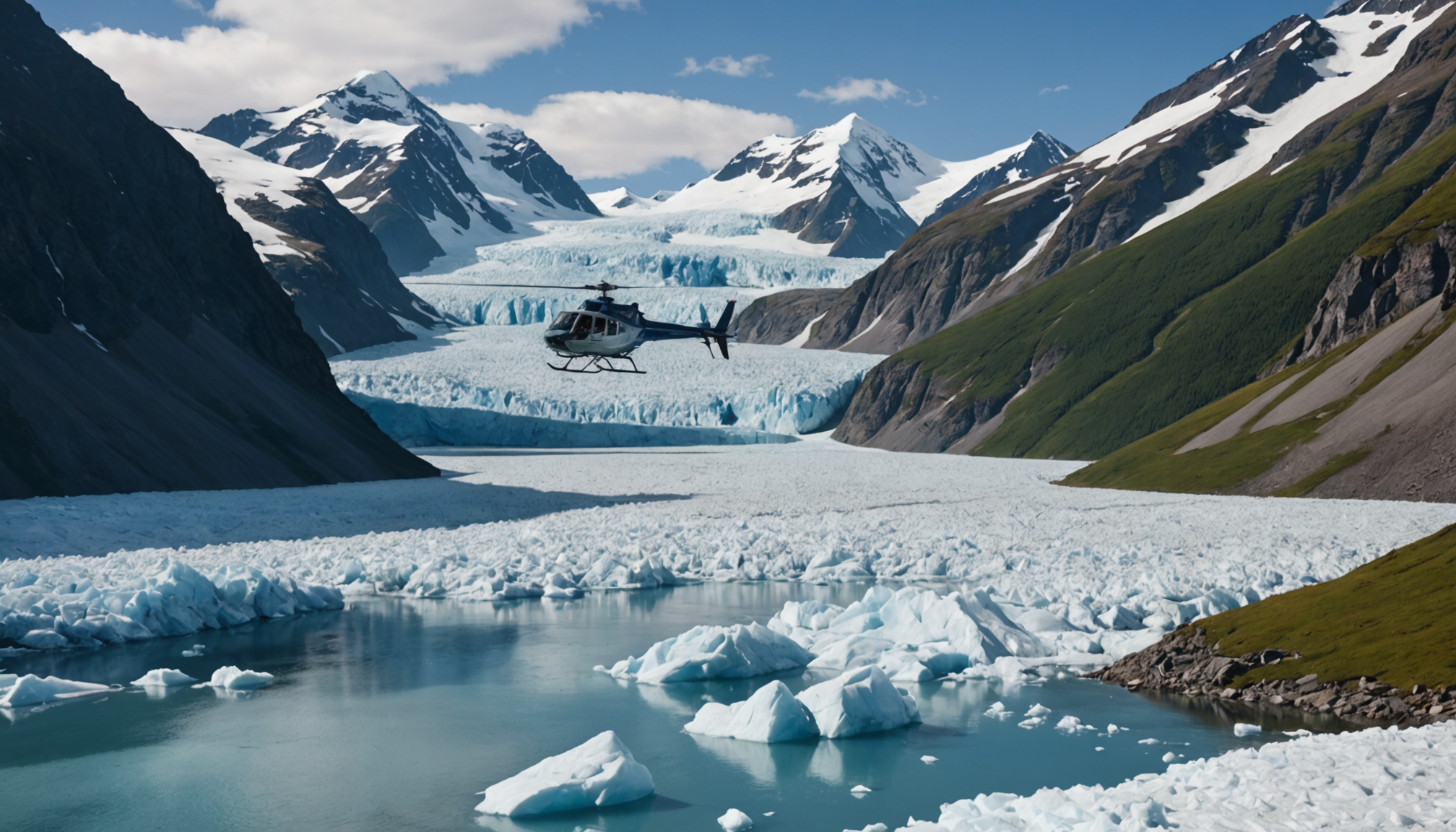 Helicopter landing on a glacier near Hatcher Pass, Alaska