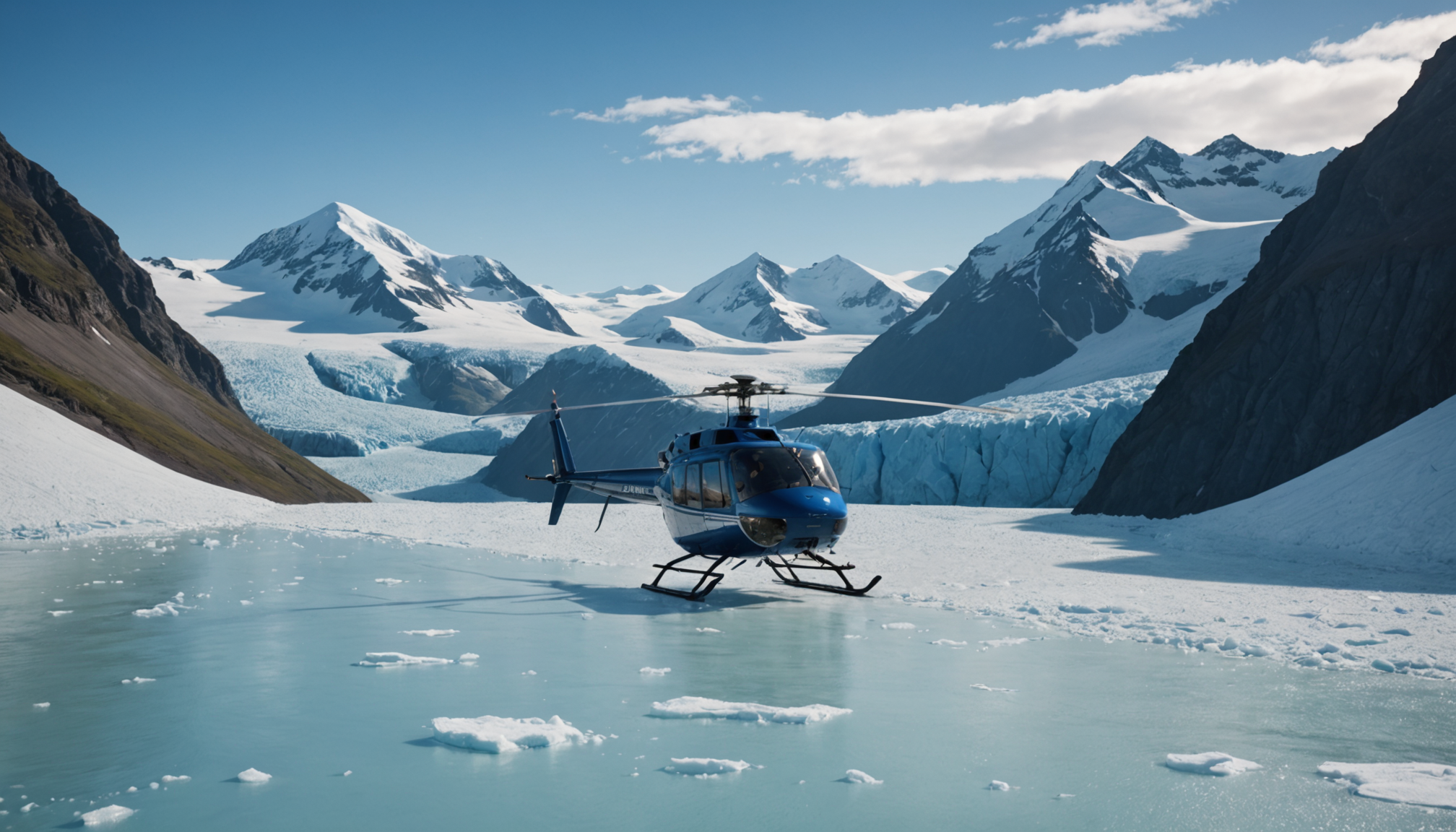 Helicopter landing on a glacier with cruise ship in the background
