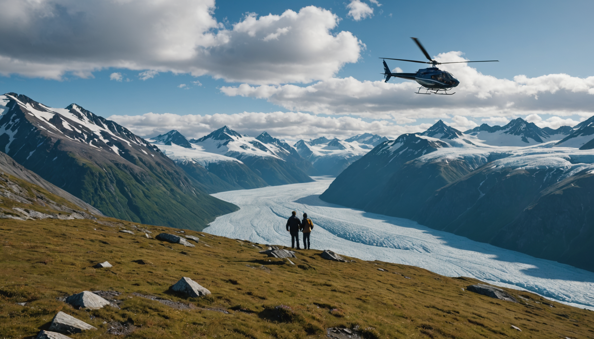 Family enjoying a helicopter tour over Alaska's scenic landscape.