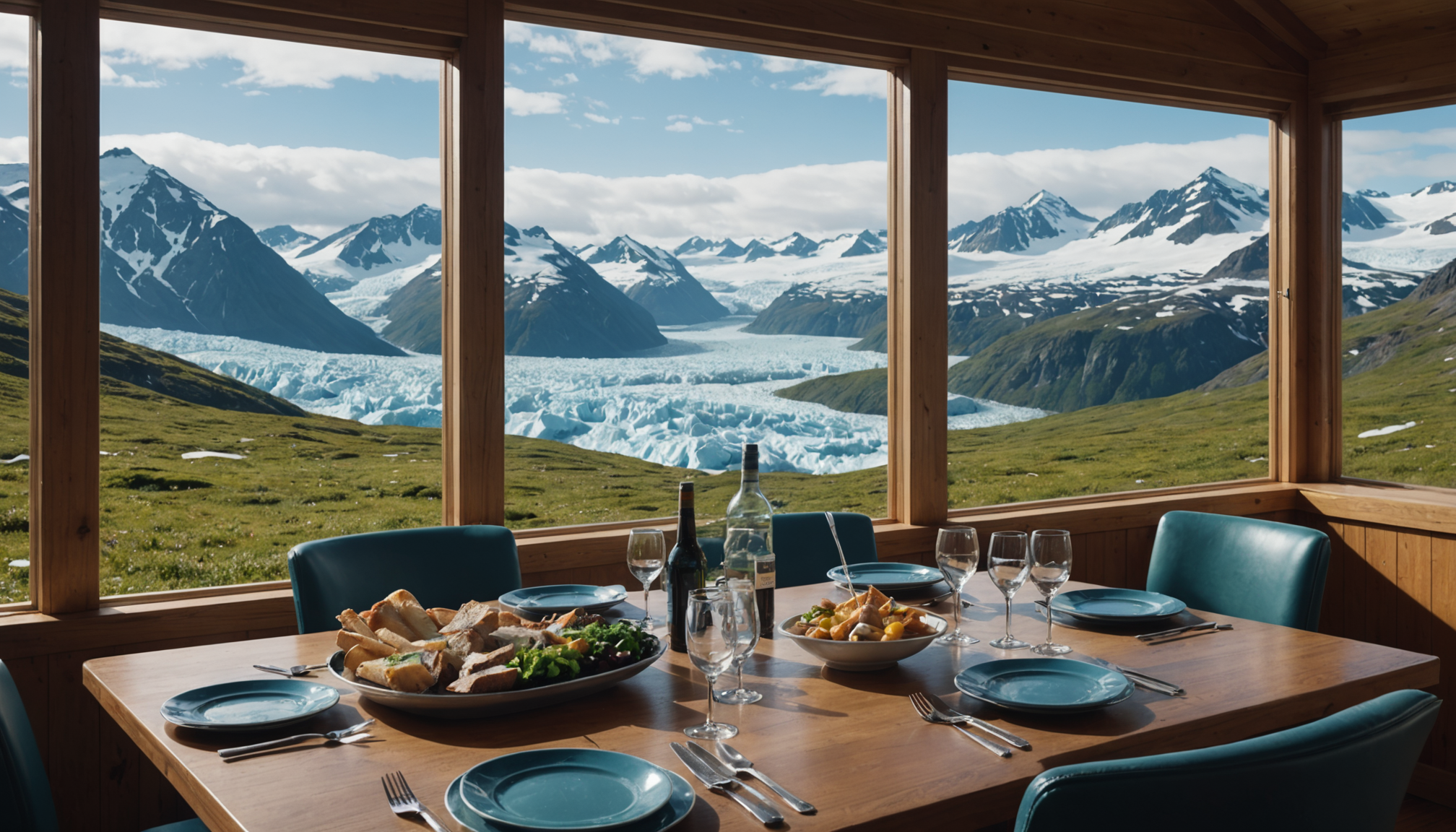 Dining table set with Alaskan delicacies and mountains in the background