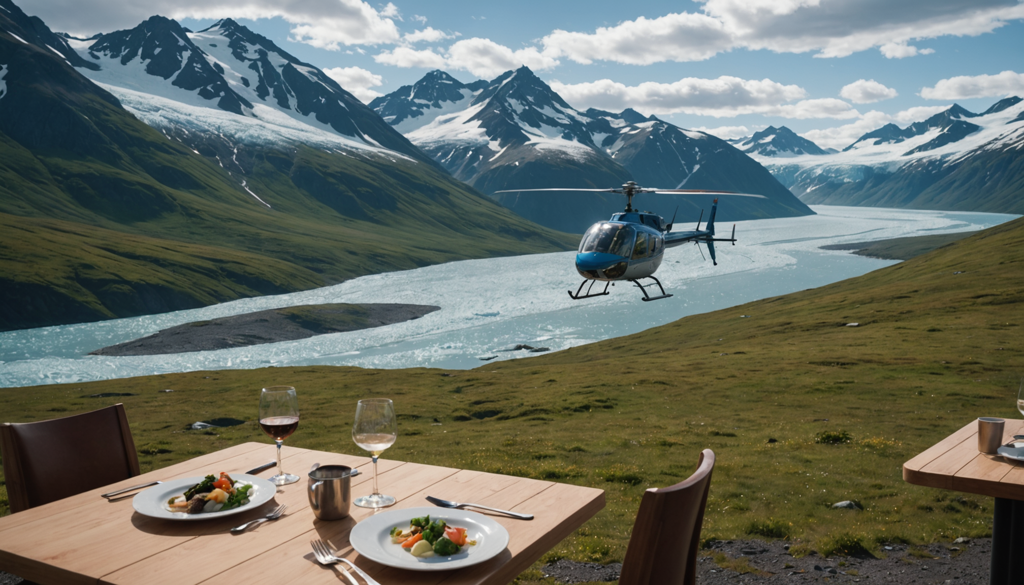 A picturesque dining setup in Alaska's wilderness