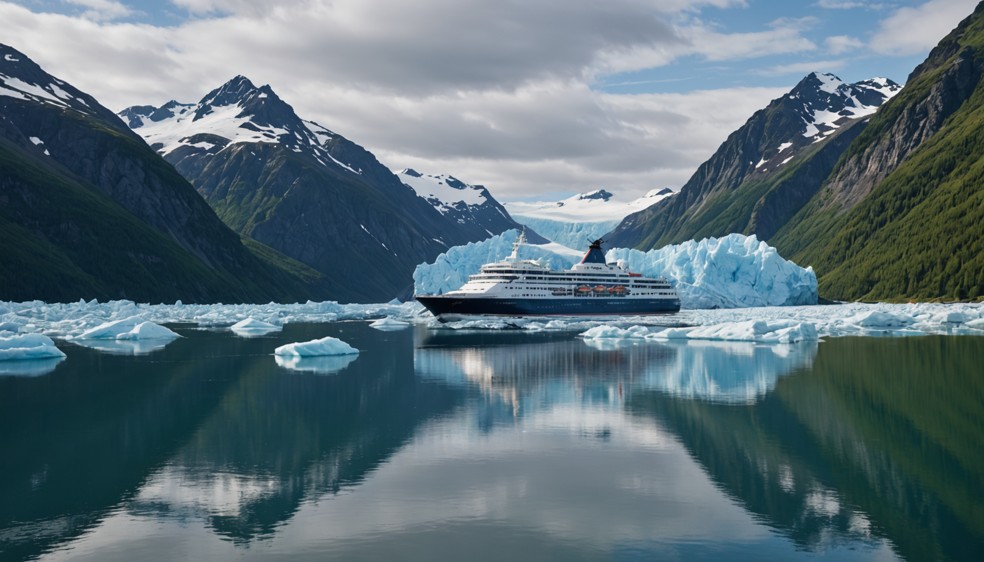 A luxury cruise ship sailing through Prince William Sound