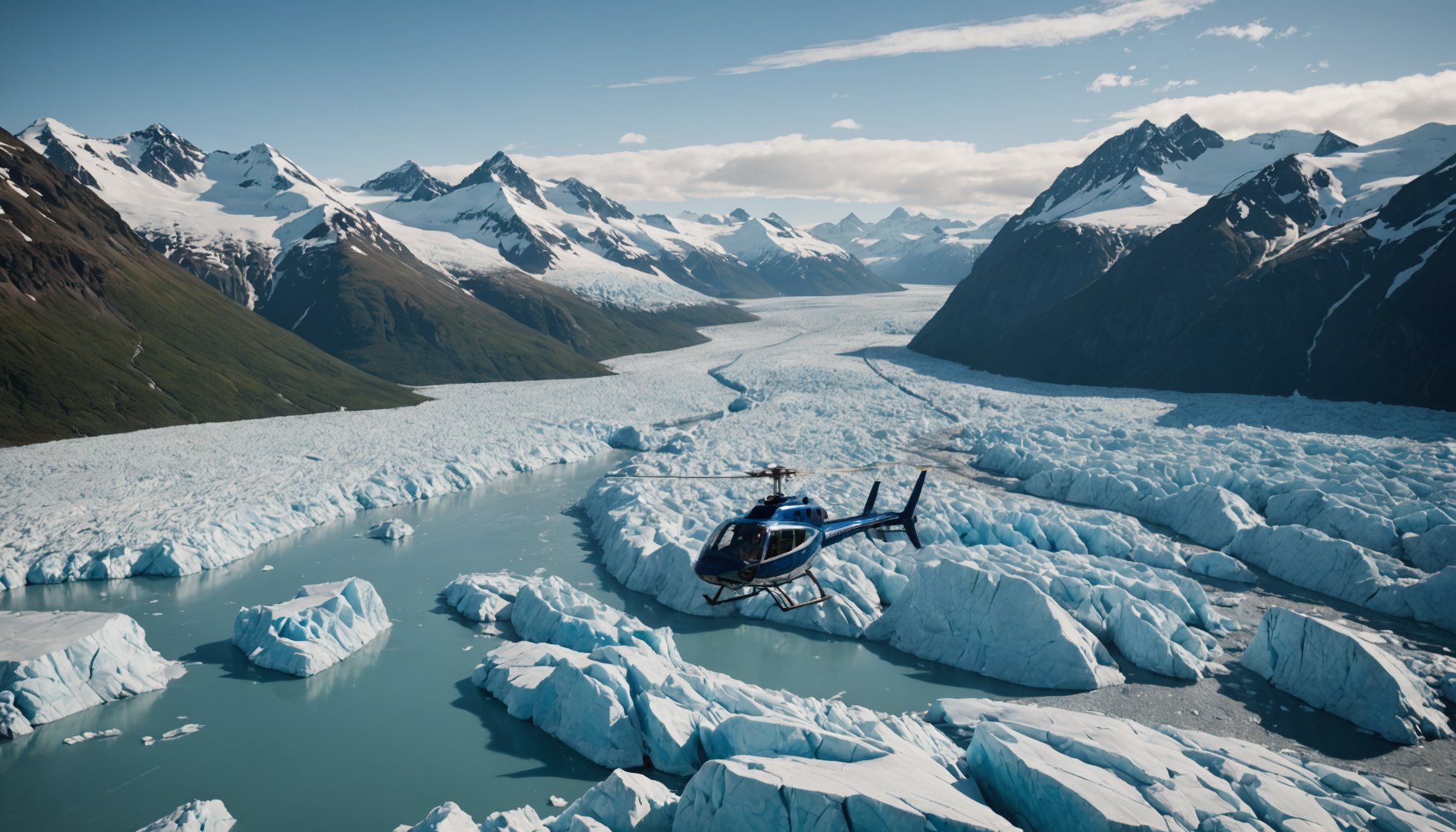 Helicopter landing near a glacier in the Mat-Su Valley